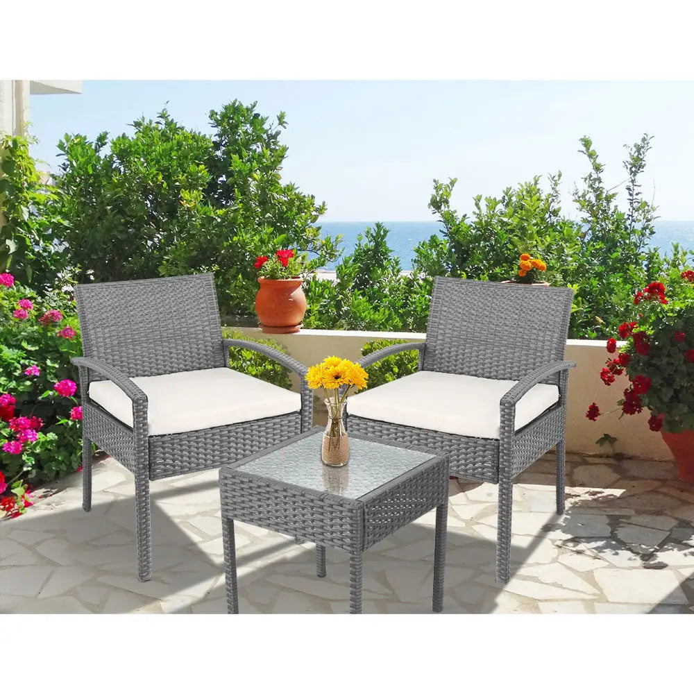 Gardeon 3PC Patio Furniture Bistro Set Wicker Outdoor Lounge Setting Grey - Furniture > Outdoor