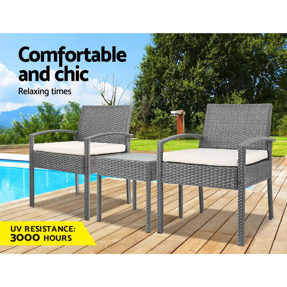 Gardeon 3PC Patio Furniture Bistro Set Wicker Outdoor Lounge Setting Grey - Furniture > Outdoor