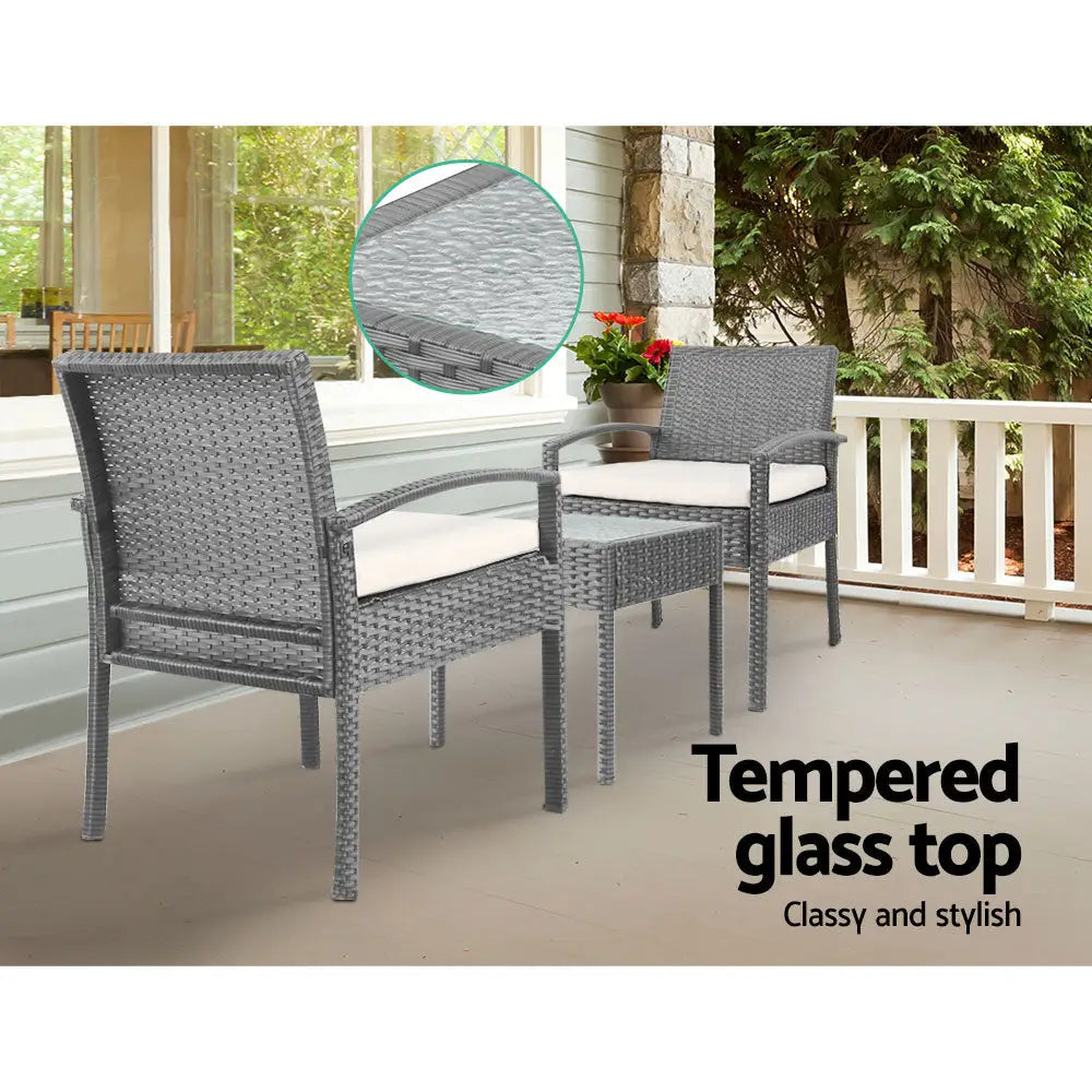 Gardeon 3PC Patio Furniture Bistro Set Wicker Outdoor Lounge Setting Grey - Furniture > Outdoor