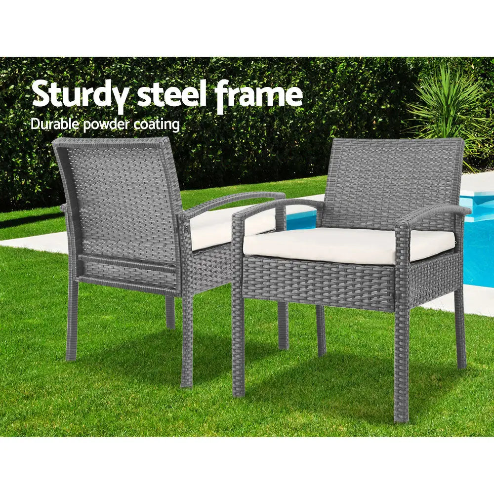 Gardeon 3PC Patio Furniture Bistro Set Wicker Outdoor Lounge Setting Grey - Furniture > Outdoor