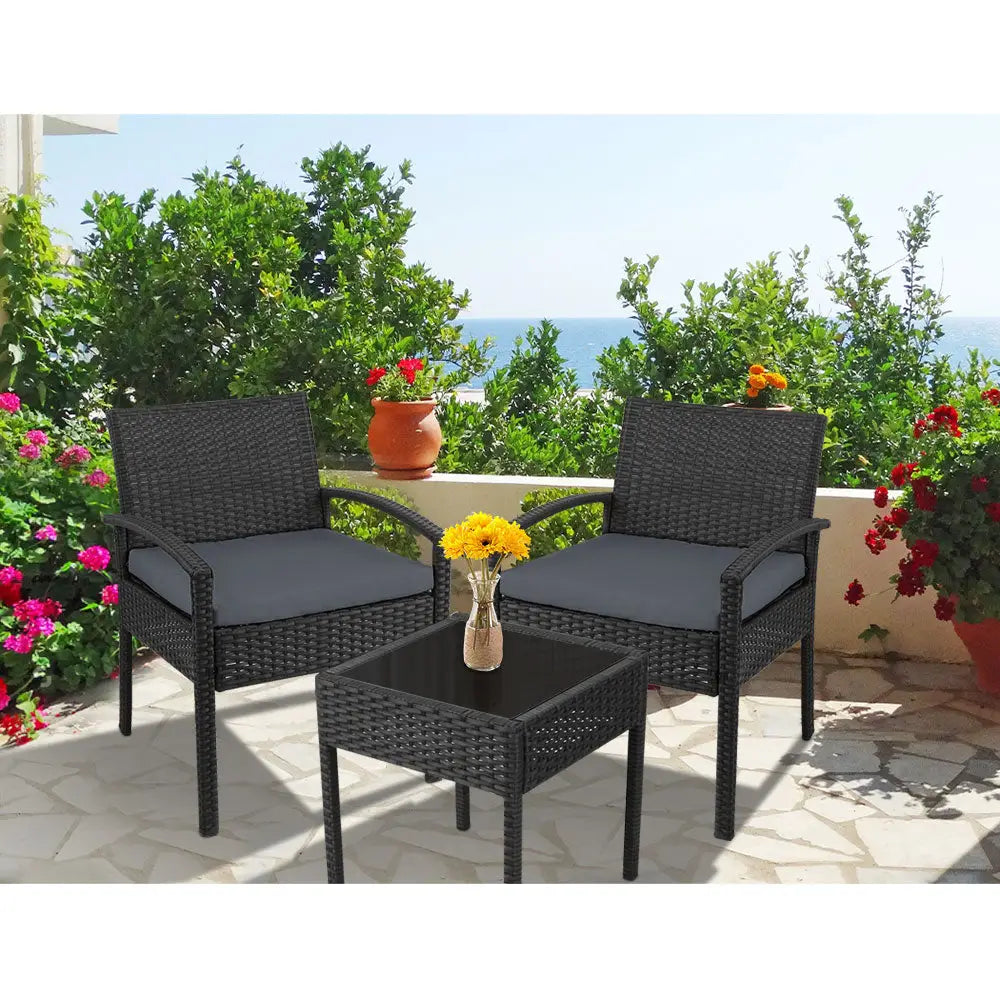 Gardeon 3PC Patio Furniture Bistro Set Wicker Outdoor Lounge Setting Black - Furniture > Outdoor