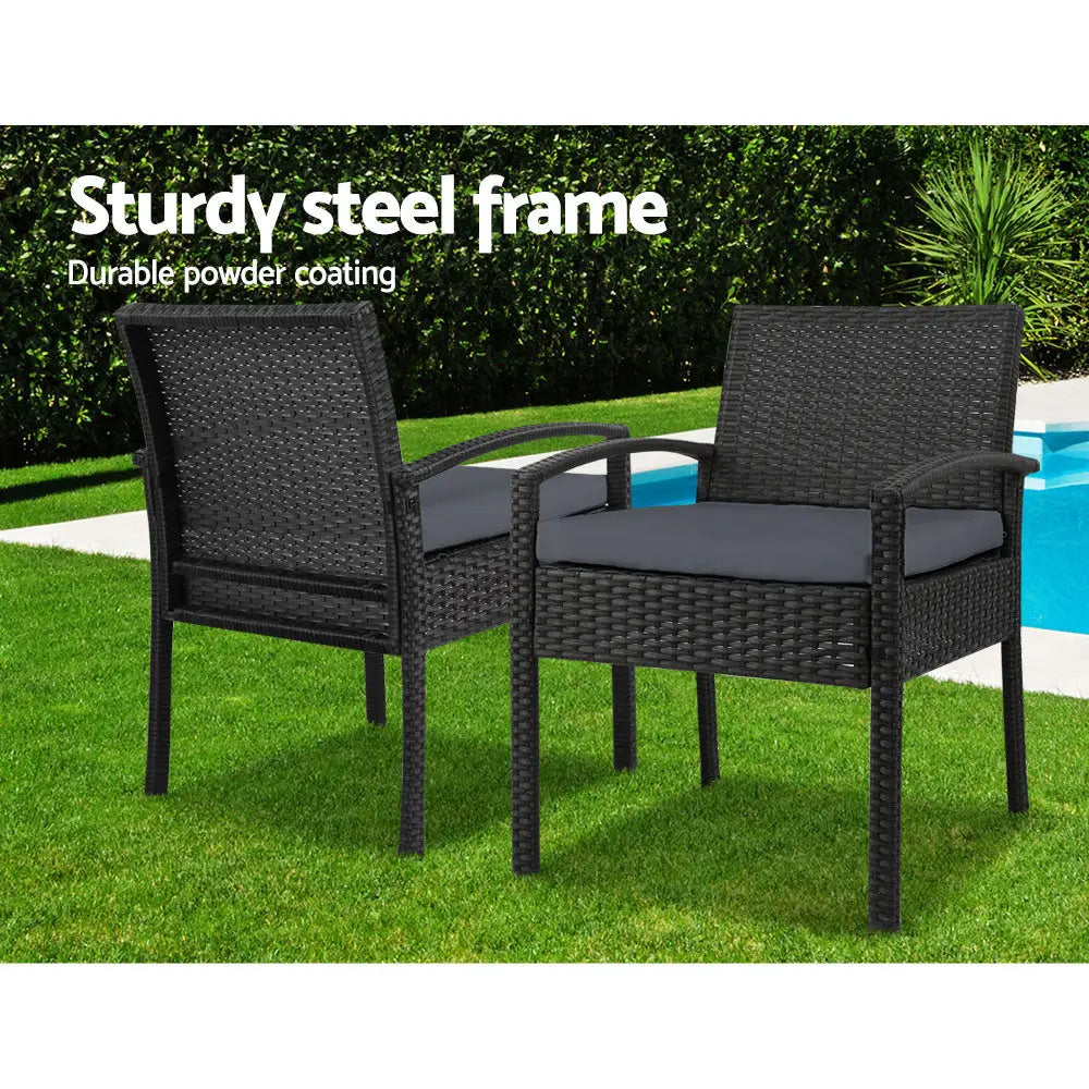 Gardeon 3PC Patio Furniture Bistro Set Wicker Outdoor Lounge Setting Black - Furniture > Outdoor