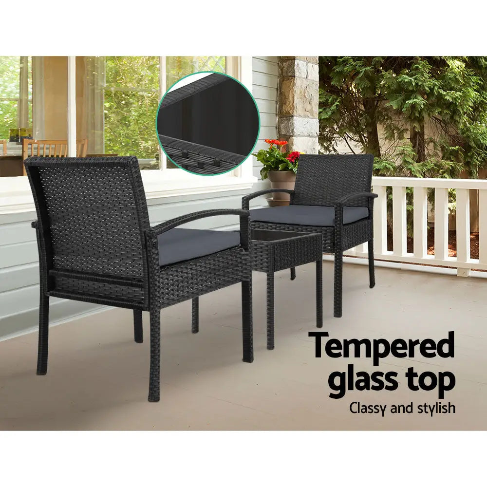 Gardeon 3PC Patio Furniture Bistro Set Wicker Outdoor Lounge Setting Black - Furniture > Outdoor