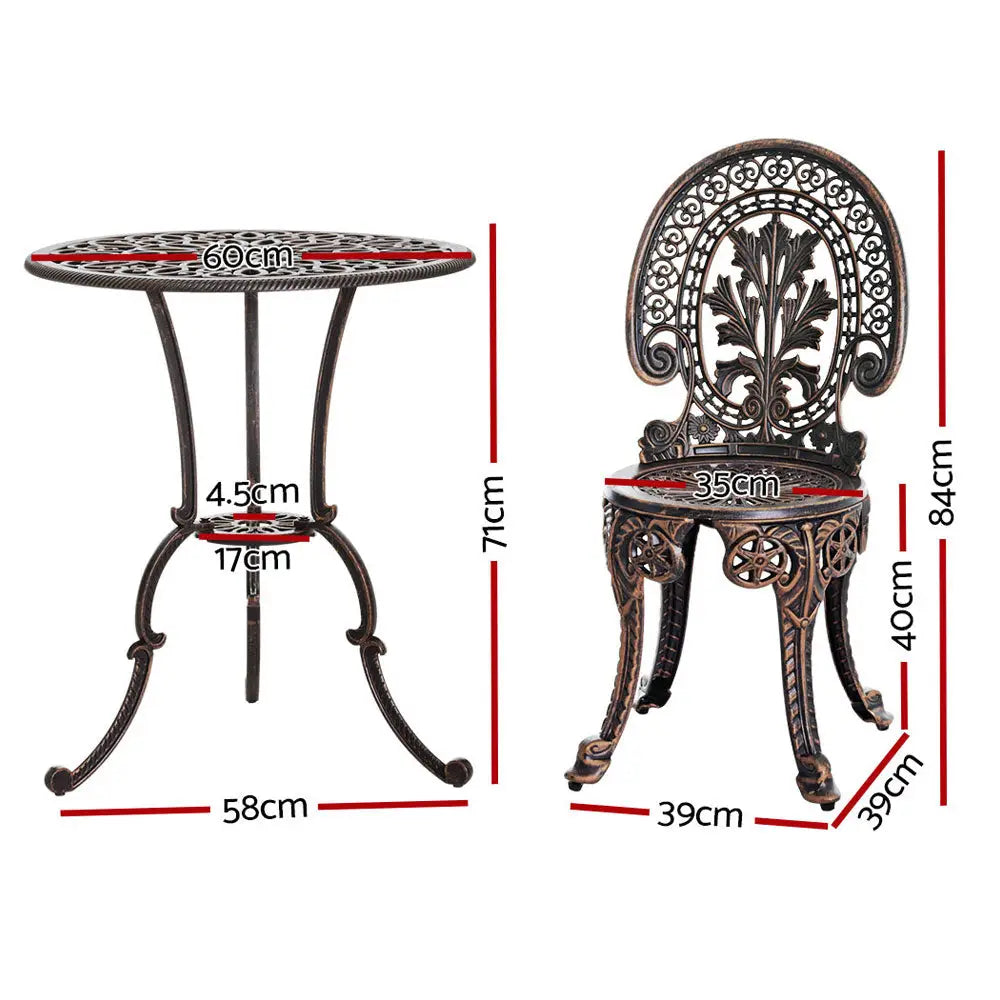Gardeon 3PC Patio Furniture Outdoor Bistro Set Dining Chairs Aluminium Bronze - Furniture > Outdoor