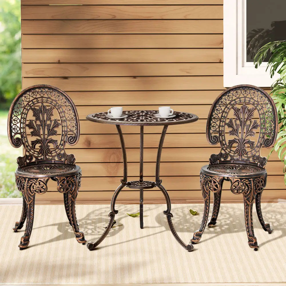 Gardeon 3PC Patio Furniture Outdoor Bistro Set Dining Chairs Aluminium Bronze - Furniture > Outdoor