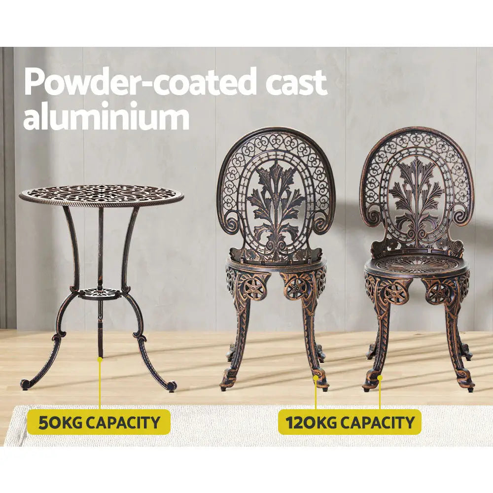 Gardeon 3PC Patio Furniture Outdoor Bistro Set Dining Chairs Aluminium Bronze - Furniture > Outdoor