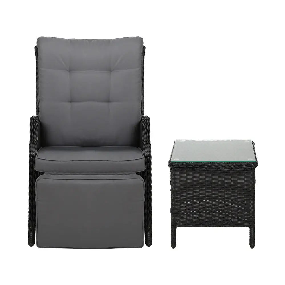 Gardeon 3PC Recliner Chairs Table Sun lounge Outdoor Furniture Wicker Adjustable Black - Furniture > Outdoor