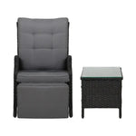 Gardeon 3PC Recliner Chairs Table Sun lounge Outdoor Furniture Wicker Adjustable Black - Furniture > Outdoor