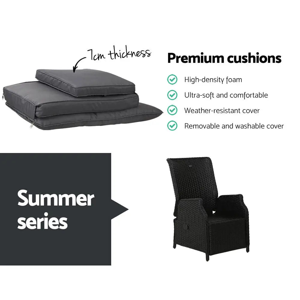 Gardeon 3PC Recliner Chairs Table Sun lounge Outdoor Furniture Wicker Adjustable Black - Furniture > Outdoor