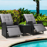 Gardeon 3PC Recliner Chairs Table Sun lounge Outdoor Furniture Wicker Adjustable Black - Furniture > Outdoor
