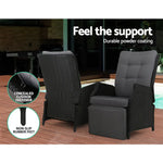 Gardeon 3PC Recliner Chairs Table Sun lounge Outdoor Furniture Wicker Adjustable Black - Furniture > Outdoor