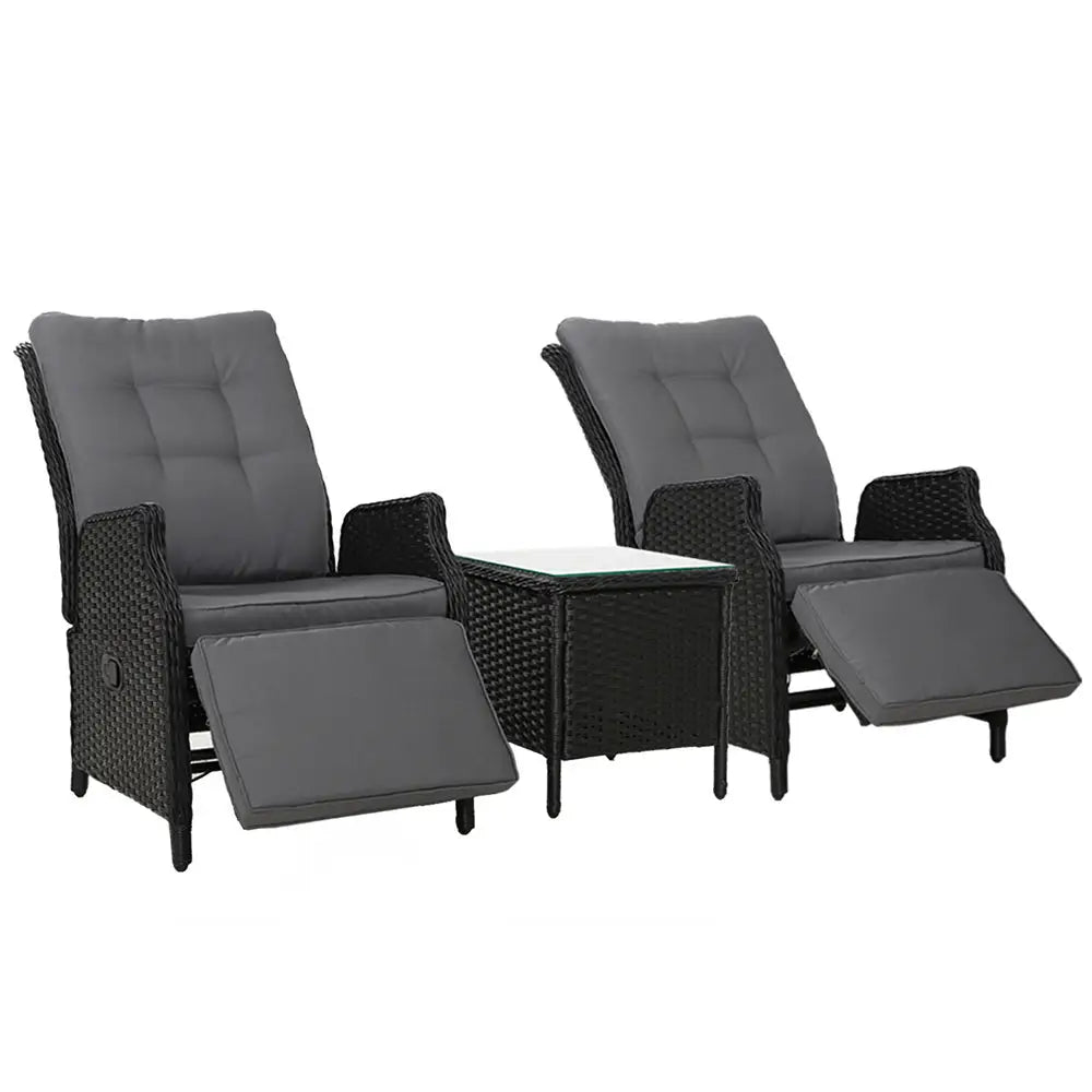 Gardeon 3PC Recliner Chairs Table Sun lounge Outdoor Furniture Wicker Adjustable Black - Furniture > Outdoor