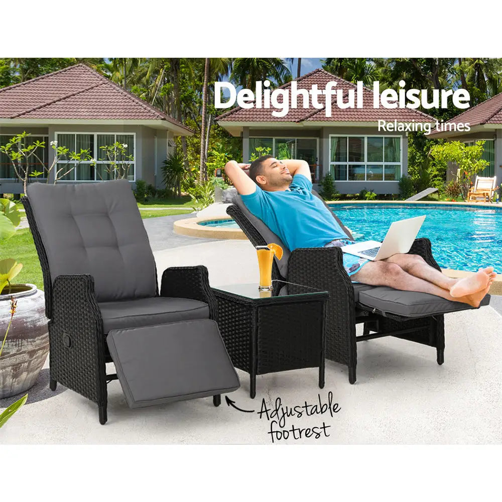 Gardeon 3PC Recliner Chairs Table Sun lounge Outdoor Furniture Wicker Adjustable Black - Furniture > Outdoor