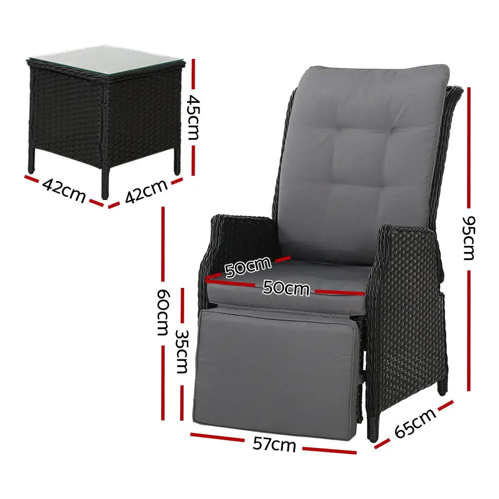 Gardeon 3PC Recliner Chairs Table Sun lounge Outdoor Furniture Wicker Adjustable Black - Furniture > Outdoor