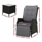Gardeon 3PC Recliner Chairs Table Sun lounge Outdoor Furniture Wicker Adjustable Black - Furniture > Outdoor