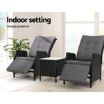 Gardeon 3PC Recliner Chairs Table Sun lounge Outdoor Furniture Wicker Adjustable Black - Furniture > Outdoor