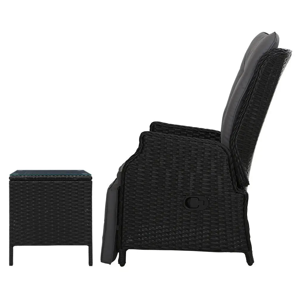 Gardeon 3PC Recliner Chairs Table Sun lounge Outdoor Furniture Wicker Adjustable Black - Furniture > Outdoor