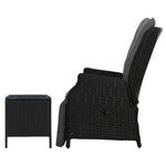 Gardeon 3PC Recliner Chairs Table Sun lounge Outdoor Furniture Wicker Adjustable Black - Furniture > Outdoor