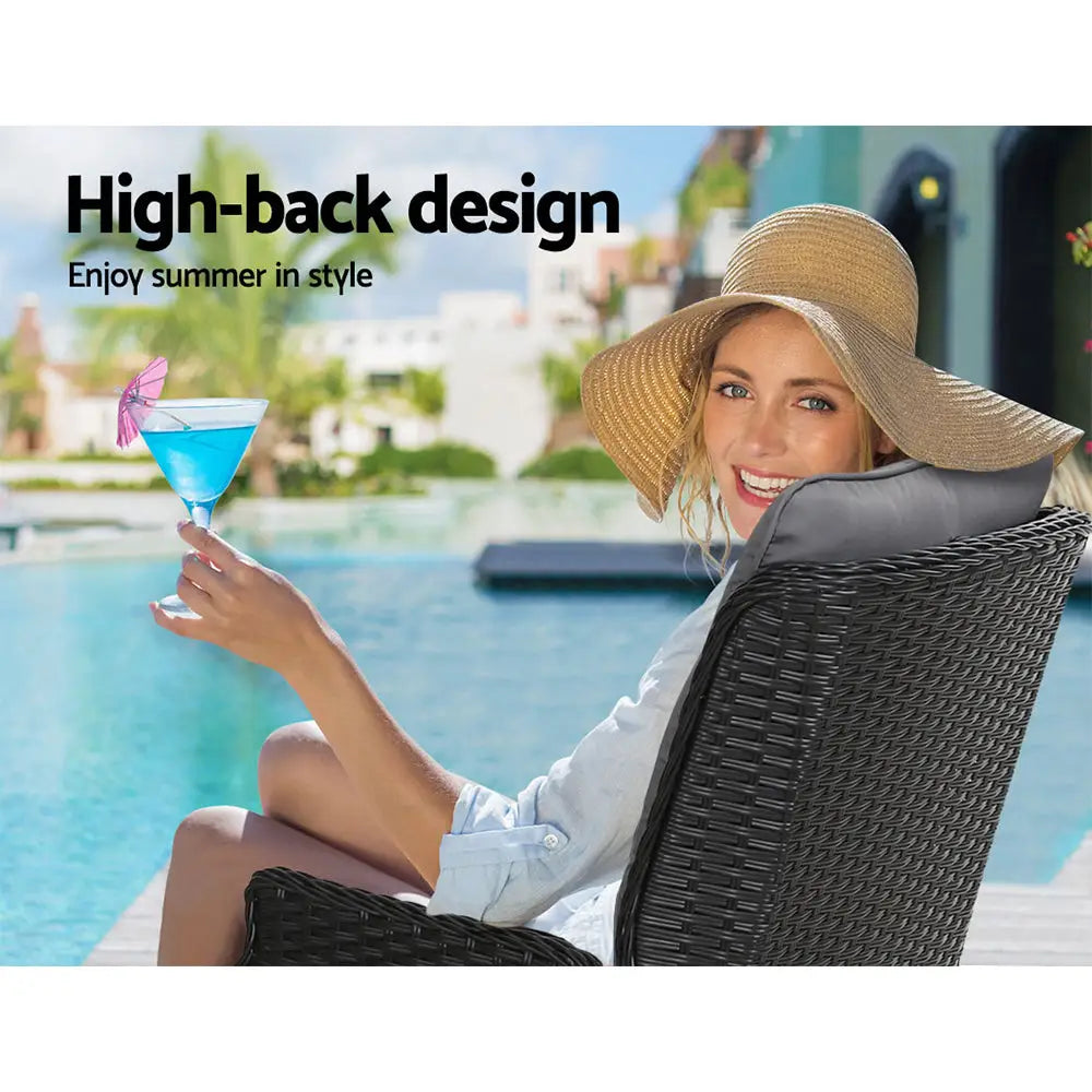 Gardeon 3PC Recliner Chairs Table Sun lounge Outdoor Furniture Wicker Adjustable Black - Furniture > Outdoor