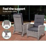 Gardeon 3PC Recliner Chairs Table Sun lounge Wicker Outdoor Furniture Adjustable Grey - Furniture > Outdoor > Outdoor