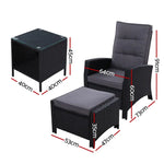 Gardeon 3PC Recliner Chairs Table Sun lounge Wicker Outdoor Furniture Adjustable Black - Furniture > Outdoor