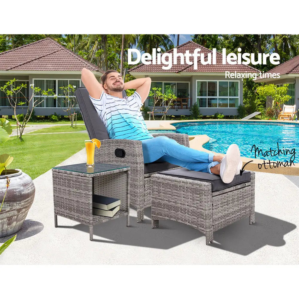 Gardeon 3PC Recliner Chairs Table Sun lounge Wicker Outdoor Furniture Adjustable Grey - Furniture > Outdoor > Outdoor