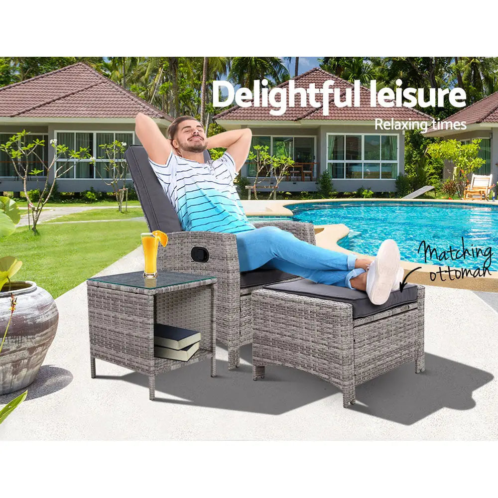 Gardeon 3PC Recliner Chairs Table Sun lounge Wicker Outdoor Furniture Adjustable Grey - Furniture > Outdoor > Outdoor