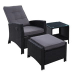 Gardeon 3PC Recliner Chairs Table Sun lounge Wicker Outdoor Furniture Adjustable Black - Furniture > Outdoor