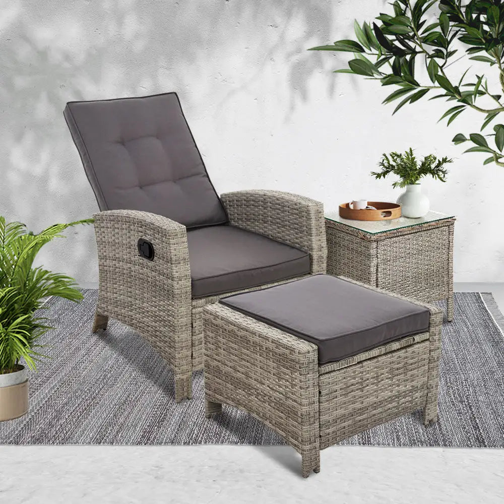 Gardeon 3PC Recliner Chairs Table Sun lounge Wicker Outdoor Furniture Adjustable Grey - Furniture > Outdoor > Outdoor