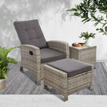 Gardeon 3PC Recliner Chairs Table Sun lounge Wicker Outdoor Furniture Adjustable Grey - Furniture > Outdoor > Outdoor