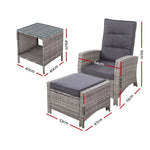 Gardeon 3PC Recliner Chairs Table Sun lounge Wicker Outdoor Furniture Adjustable Grey - Furniture > Outdoor > Outdoor