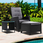 Gardeon 3PC Recliner Chairs Table Sun lounge Wicker Outdoor Furniture Adjustable Black - Furniture > Outdoor