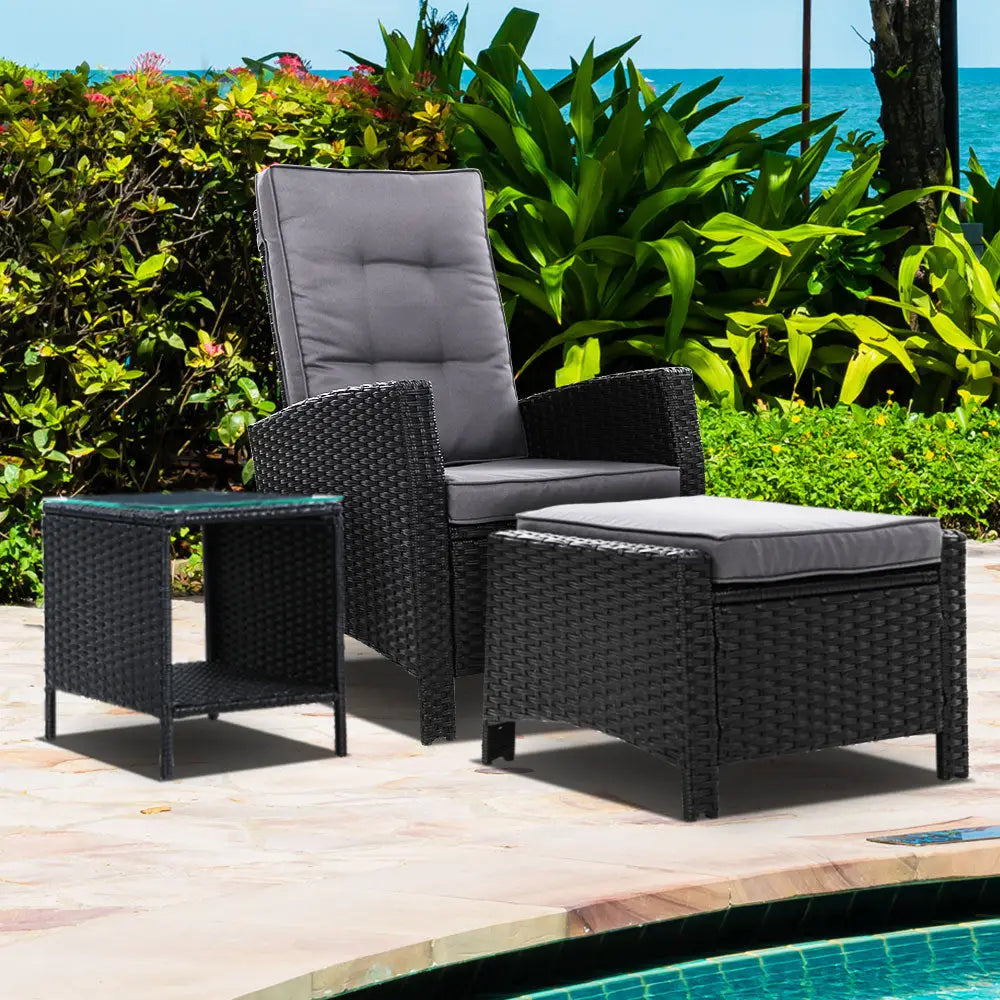 Gardeon 3PC Recliner Chairs Table Sun lounge Wicker Outdoor Furniture Adjustable Black - Furniture > Outdoor