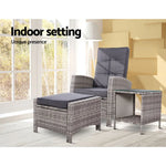 Gardeon 3PC Recliner Chairs Table Sun lounge Wicker Outdoor Furniture Adjustable Grey - Furniture > Outdoor > Outdoor