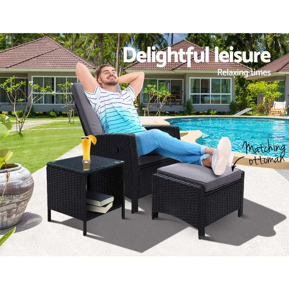 Gardeon 3PC Recliner Chairs Table Sun lounge Wicker Outdoor Furniture Adjustable Black - Furniture > Outdoor