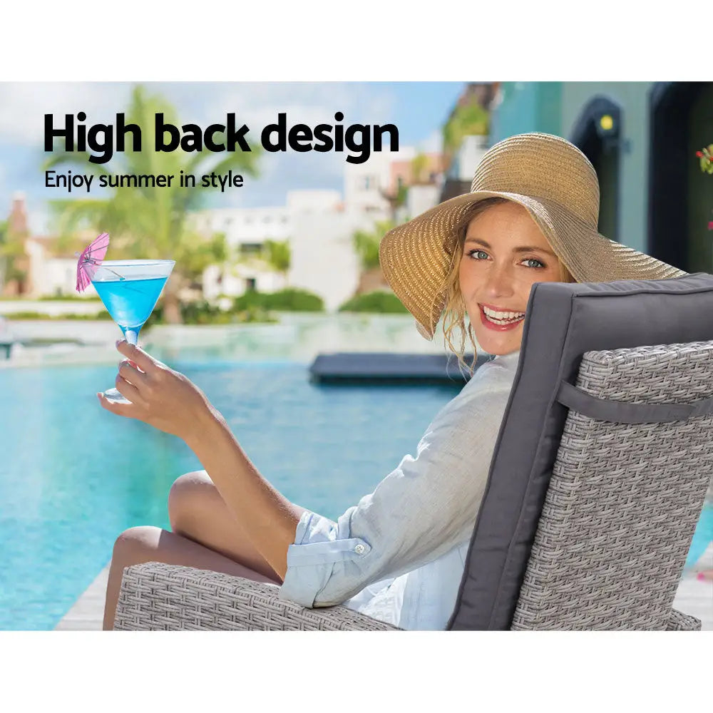 Gardeon 3PC Recliner Chairs Table Sun lounge Wicker Outdoor Furniture Adjustable Grey - Furniture > Outdoor > Outdoor