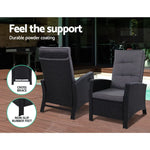 Gardeon 3PC Recliner Chairs Table Sun lounge Wicker Outdoor Furniture Adjustable Black - Furniture > Outdoor