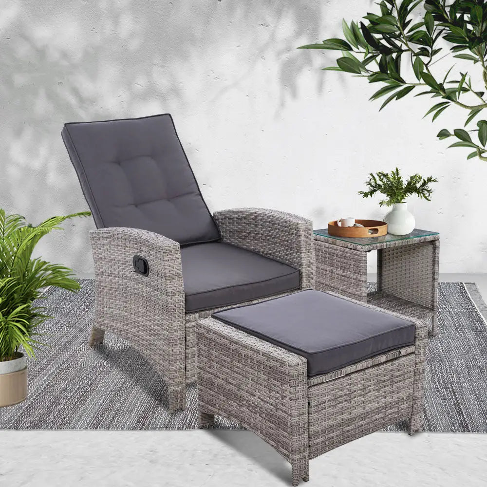 Gardeon 3PC Recliner Chairs Table Sun lounge Wicker Outdoor Furniture Adjustable Grey - Furniture > Outdoor > Outdoor