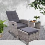 Gardeon 3PC Recliner Chairs Table Sun lounge Wicker Outdoor Furniture Adjustable Grey - Furniture > Outdoor > Outdoor