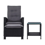 Gardeon 3PC Recliner Chairs Table Sun lounge Wicker Outdoor Furniture Adjustable Black - Furniture > Outdoor