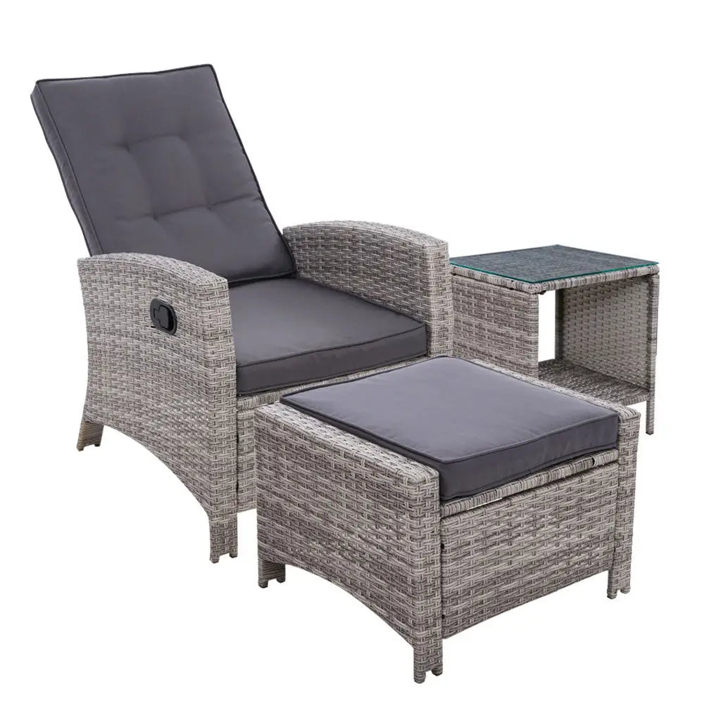 Gardeon 3PC Recliner Chairs Table Sun lounge Wicker Outdoor Furniture Adjustable Grey - Furniture > Outdoor > Outdoor
