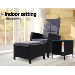 Gardeon 3PC Recliner Chairs Table Sun lounge Wicker Outdoor Furniture Adjustable Black - Furniture > Outdoor