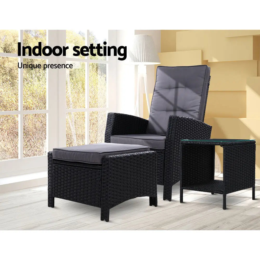 Gardeon 3PC Recliner Chairs Table Sun lounge Wicker Outdoor Furniture Adjustable Black - Furniture > Outdoor