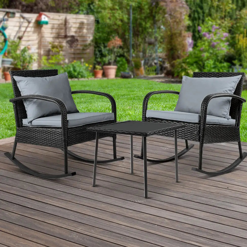 Gardeon 3PC Rocking Chair Table Wicker Outdoor Furniture Patio Bistro Set Black - Furniture > Outdoor