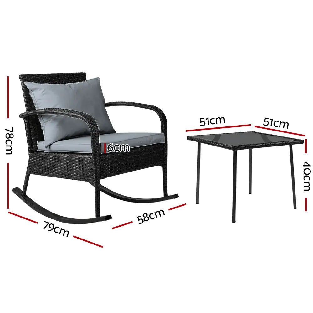 Gardeon 3PC Rocking Chair Table Wicker Outdoor Furniture Patio Bistro Set Black - Furniture > Outdoor