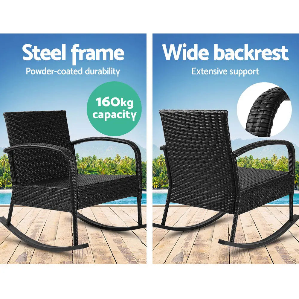 Gardeon 3PC Rocking Chair Table Wicker Outdoor Furniture Patio Bistro Set Black - Furniture > Outdoor
