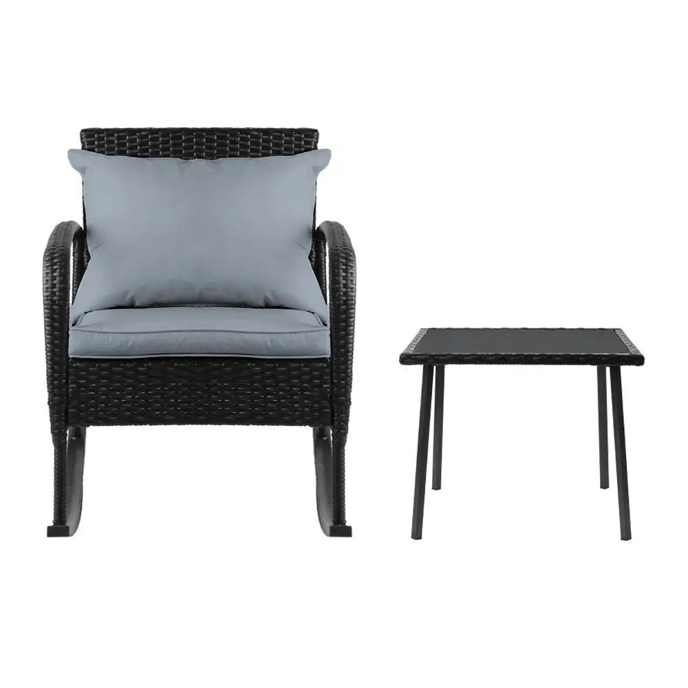 Gardeon 3PC Rocking Chair Table Wicker Outdoor Furniture Patio Bistro Set Black - Furniture > Outdoor