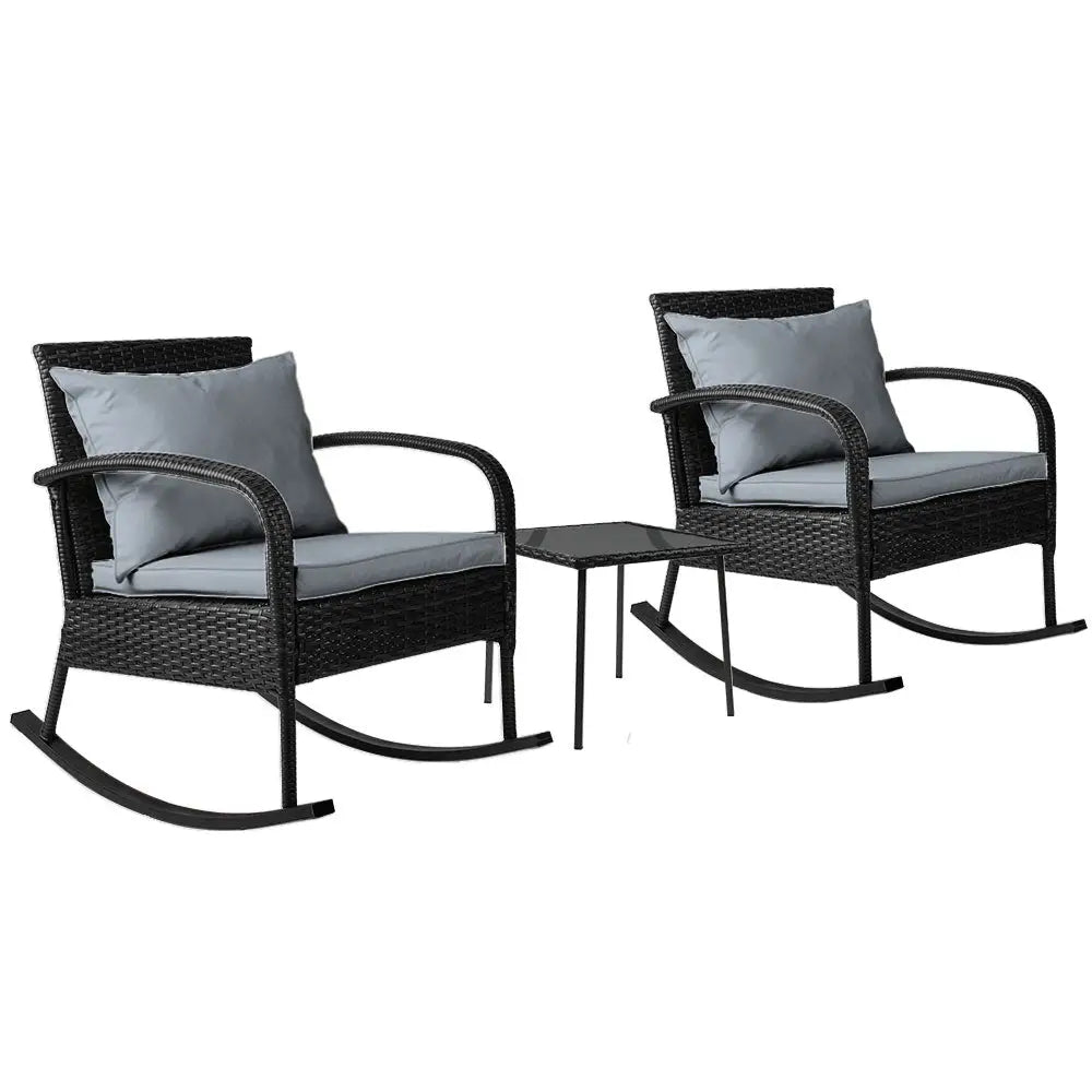 Gardeon 3PC Rocking Chair Table Wicker Outdoor Furniture Patio Bistro Set Black - Furniture > Outdoor