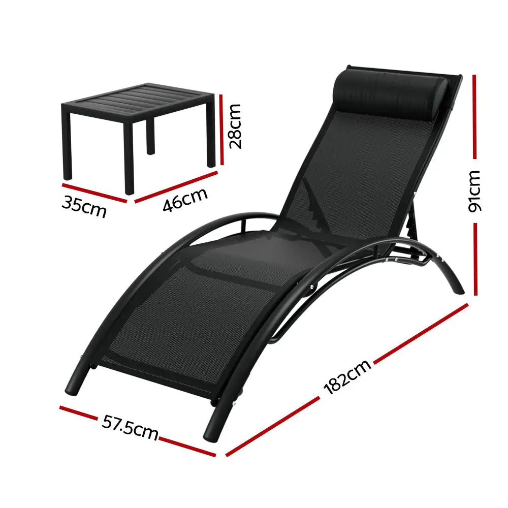Gardeon 3PC Sun Lounge Outdoor Lounger Steel Table Chairs Patio Furniture Garden - Furniture > Outdoor