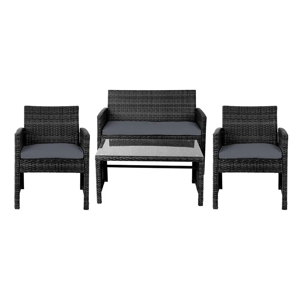 Gardeon 4 PCS Outdoor Sofa Set Rattan Chair Table Setting Garden Furniture Black - Furniture > Outdoor